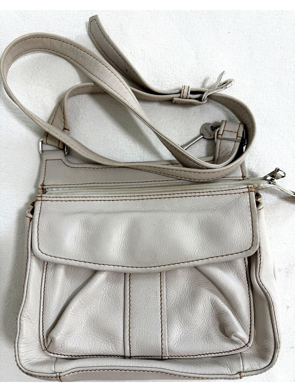 Fossil Crossbody Bag Light Beige Pebbled Leather Vintage Shoulder Handbag 75082